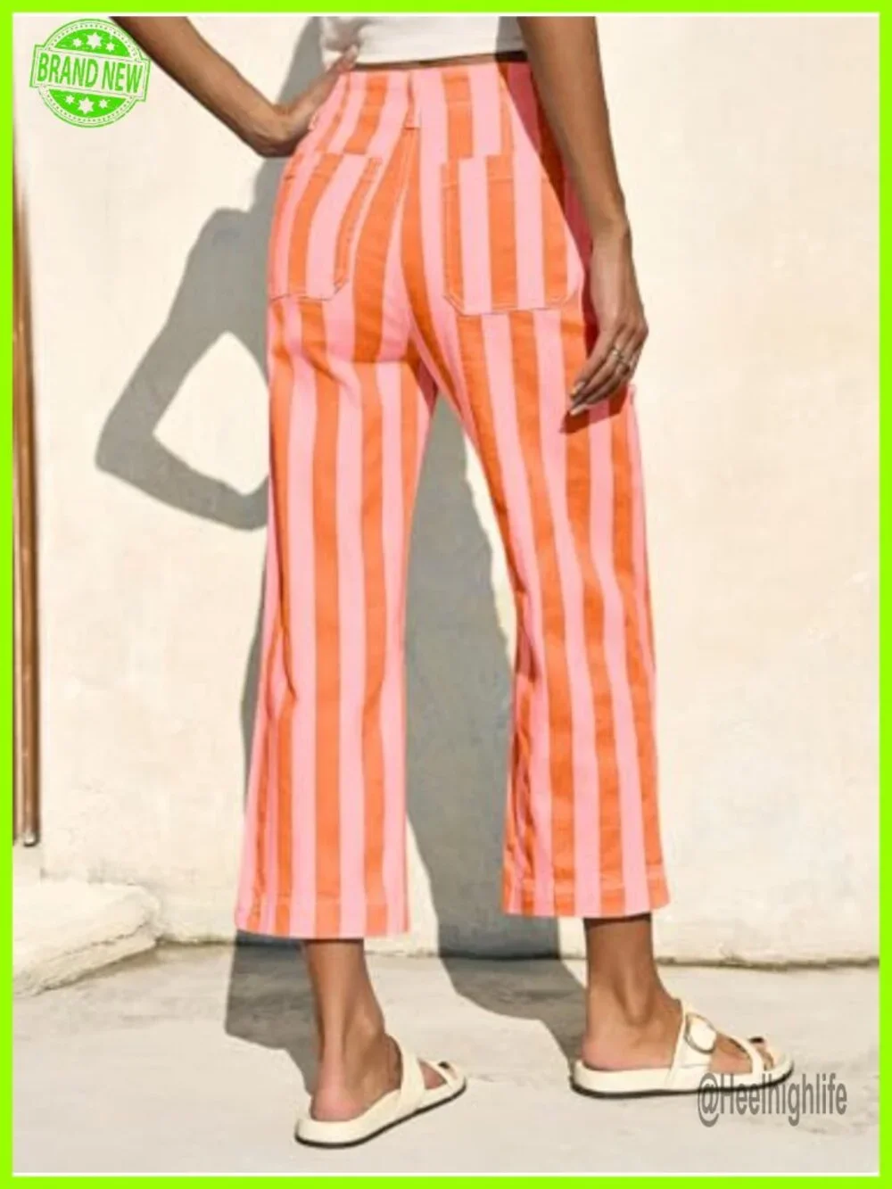 High Waisted Wide Leg Cropped Striped Jeans with Pockets Stretchy